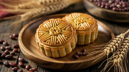 Golden-brown round mooncakes with wheat and red beans on rustic table, celebrating the harvest and chinese mid-autumn festival
