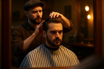 Two barbers chatting over the counter in warm lit shop, candid conversation moment