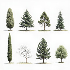 An elegant collection of various tree illustrations, including cypress and fir, showcasing different species for landscape design, isolated on a white background.
