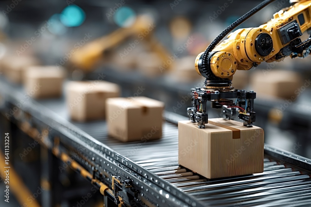 Poster modern robotic arm lifting cardboard boxes on an automated assembly line in a smart factory, highlig