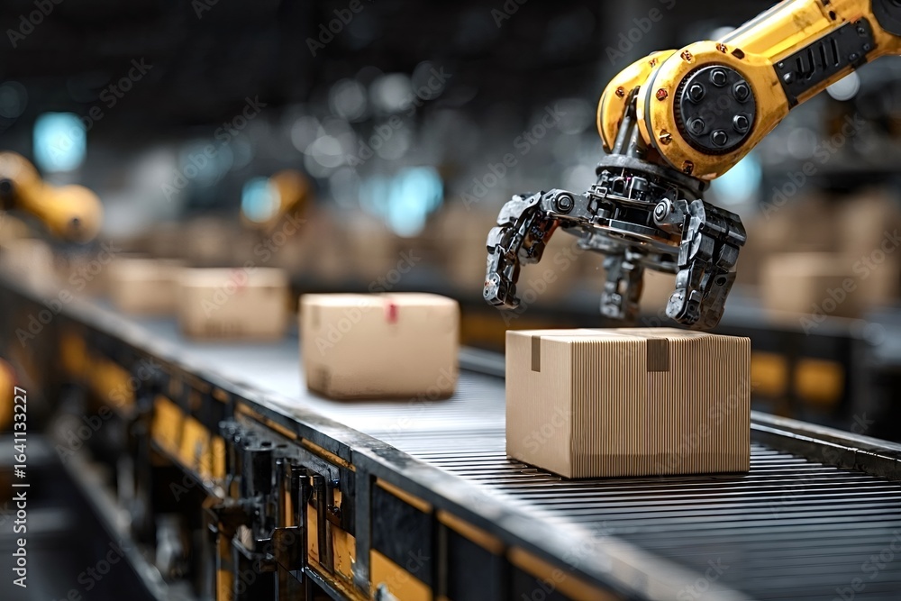 Aufkleber modern robotic arm picking up cardboard box on automated assembly line in smart factory, representin