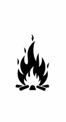 A simple black and white drawing of a campfire with flames and logs