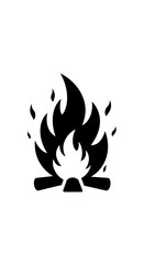 A monochrome icon of a campfire with logs supporting stylized flames