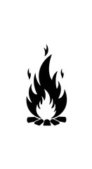 A black  white illustration of a campfire with logs and stylized flames