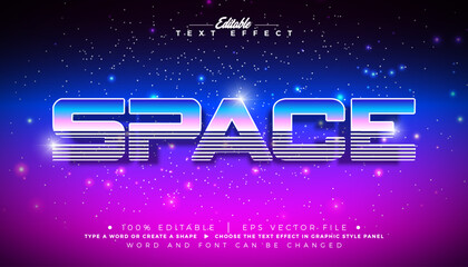 Space Futuristic Editable Text Effect with Retro Chrome Lettering on Interstellar Background. Premium Typography Mockup Illustration Template for Greeting Card, Flyer, Banner, Celebration Poster