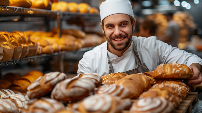 Happy male baker holding assortment of fresh baked goods in bakery - Powered by Adobe