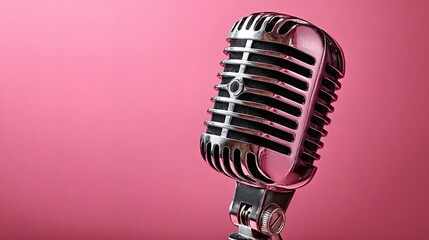 Classic chrome microphone is ready for recording vocals or podcasts, set against a vibrant pink backdrop, capturing the essence of vintage audio equipment