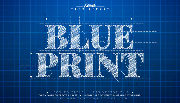 Blueprint Sketch Drawing Text Effect Design Vector Editable Illustrator Graphic Style Effect with Customizable Hand Drawn Font and Marker Line on Blue Checkered Paper Background. Vector Premium Typo
