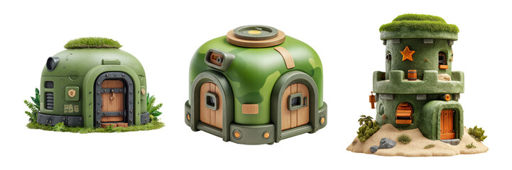 Cute Cartoon Style Green Houses with Unique Designs and Features