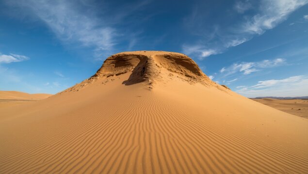 Vast desert landscape with rolling sand dunes under a bright blue sky with scattered clouds