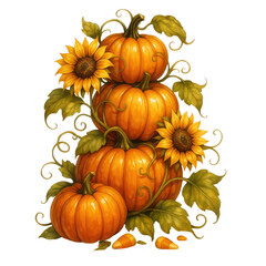 Autumn pumpkins stacked with sunflowers and candy corn warm colors