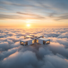 Modern House Floating Above the Clouds at Sunset