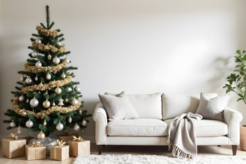 Modern living room with a Christmas tree decorated in silver and gold, white sofa with cushions and a blanket, gifts under the tree. Luxury Christmas room. 3d rendering.