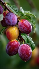 Fresh ripe plums hanging on a branch with water droplets