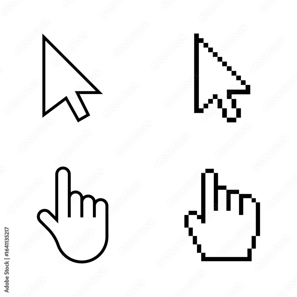 Poster cursor icons, minimal and pixel art mouse arrow and hand pointer designs, computer pointer symbols, 