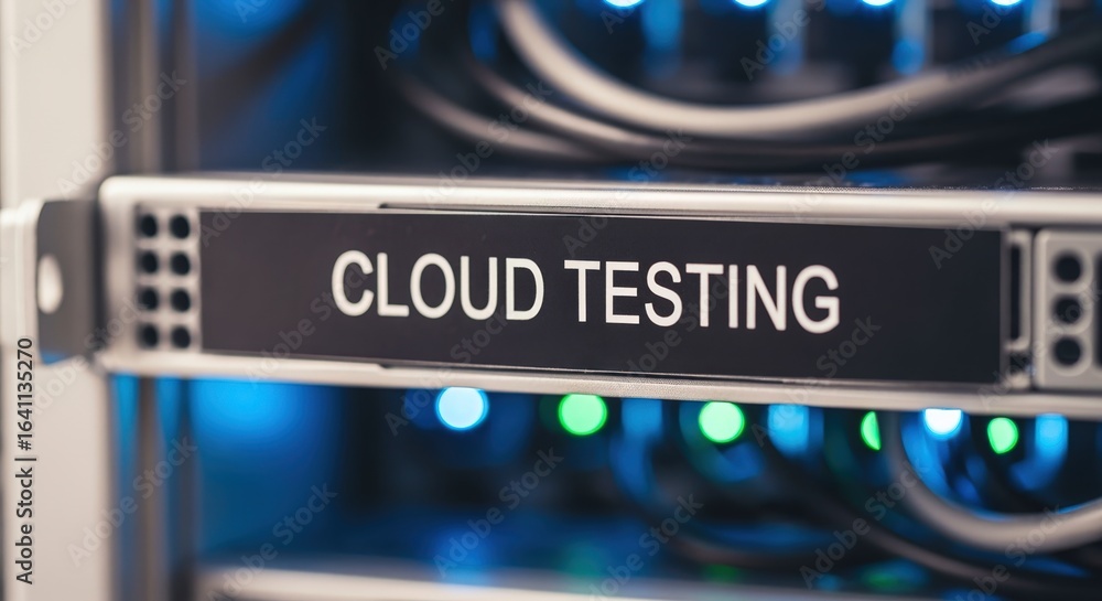 Poster server rack with cloud testing label illustrates internet security and infrastructure in a data cent