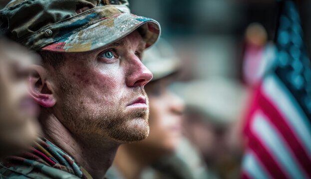 A close-up shot captures a person in military attire, possibly a soldier, with a focused expression, highlighting the dedication and resolve often associated with service.