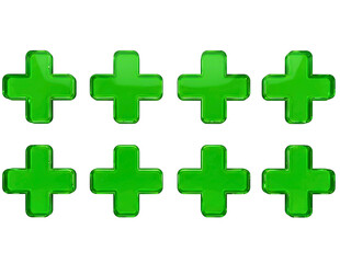 Fototapeta premium Eight green plus symbols isolated on white background