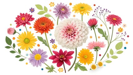 Colorful flower arrangement with a white background. The flowers are of various colors and sizes, and they are arranged in a circular pattern. Scene is cheerful and vibrant.