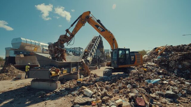 Excavator loader loading waste onto an outdoor construction waste sorting line at an industrial recycling facility on a sunny day