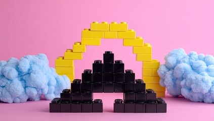 Obraz premium Bright yellow Lego bricks form a cloud arch, framing a dark black Lego mountain. Light blue fluffy clouds flank it on a pink backdrop