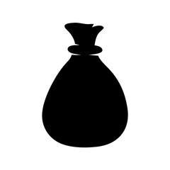 Isolated cartoon style black bag with a tied top containing treasures