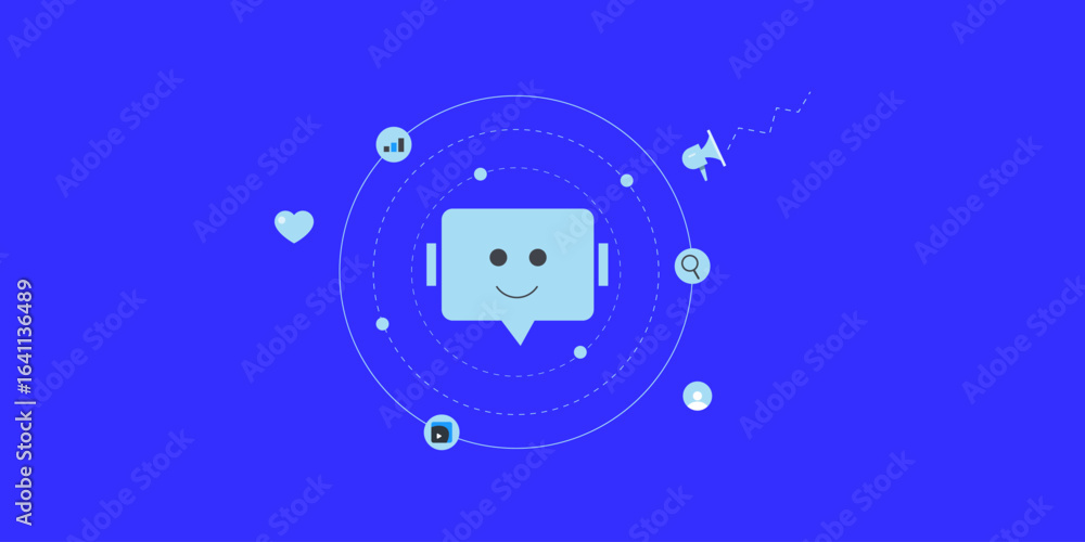 Poster surrounded by marketing symbols, smiling chatbot highlights artificial intelligence with digital mar