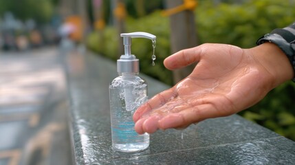 Hand sanitizer dispensed onto hand outdoors
