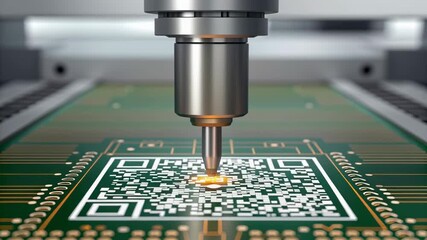 PCB assembly factory, A close-up of a QR code being etched on a green circuit board. - Powered by Adobe