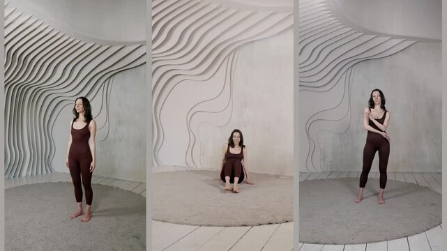 pose from the posing training course, a woman stands with her hands at her neck, a slight curve of the body.