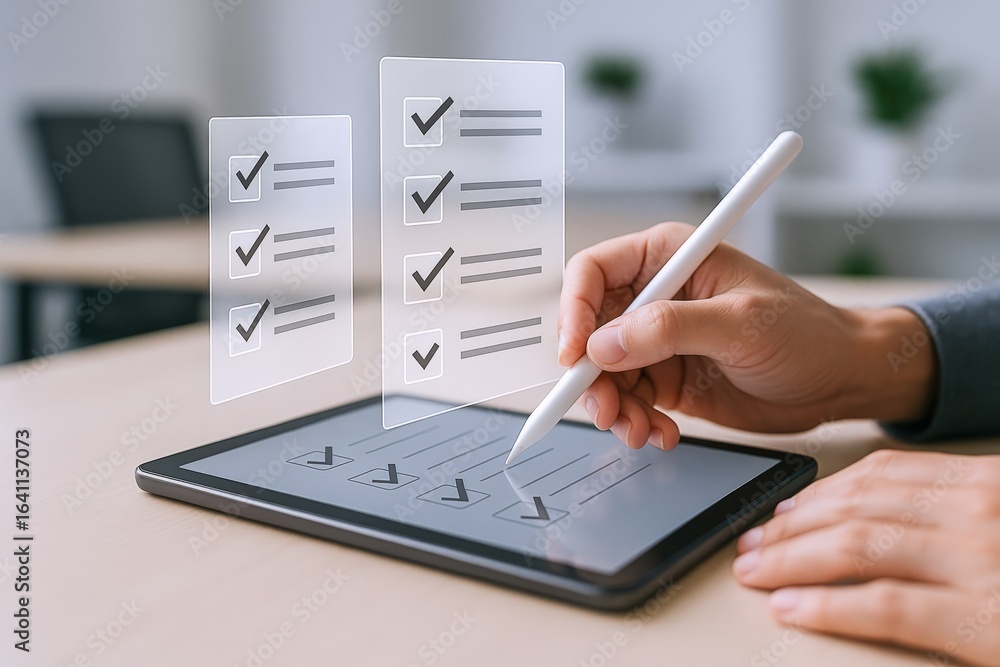 Poster digital checklist on tablet with stylus, task management, and successful project completion concept