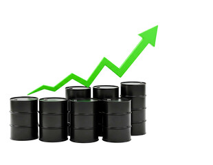 Oil barrels and upward trend arrow isolated on white background