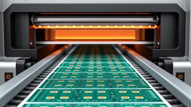 PCB assembly factory, Conveyor belt transporting green circuit boards in a manufacturing setting.