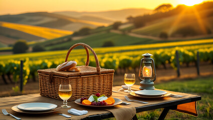 Romantic picnic in vineyard with wine at sunset