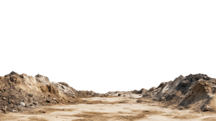 Beautiful scenic mountain landscape with rocky peaks, green meadows, and blue sky isolated on white background