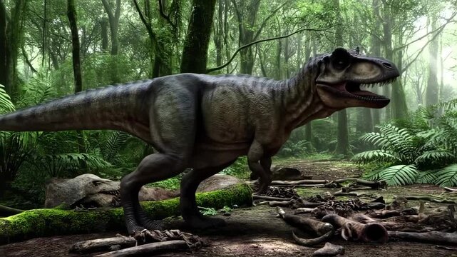 Majestic Carnotaurus stalking through lush prehistoric jurassic forest