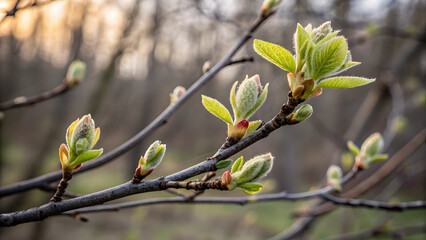 Close-up of tree branches with new green leaves and buds emerging in soft light spring new growth