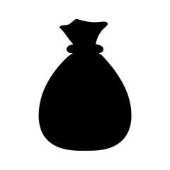 Stylized money bag or sack in solid black silhouette on white background