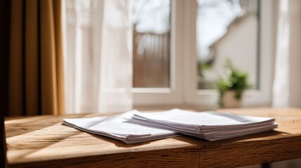 A wooden desk with scattered documents basks in natural light from white-framed windows,