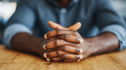 Fototapeta premium Hands clasped on a wooden table