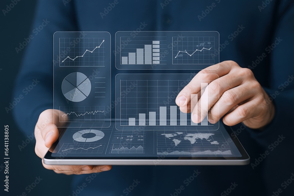 Aufkleber data visualization on tablet display: a comprehensive business analysis of financial growth and mark