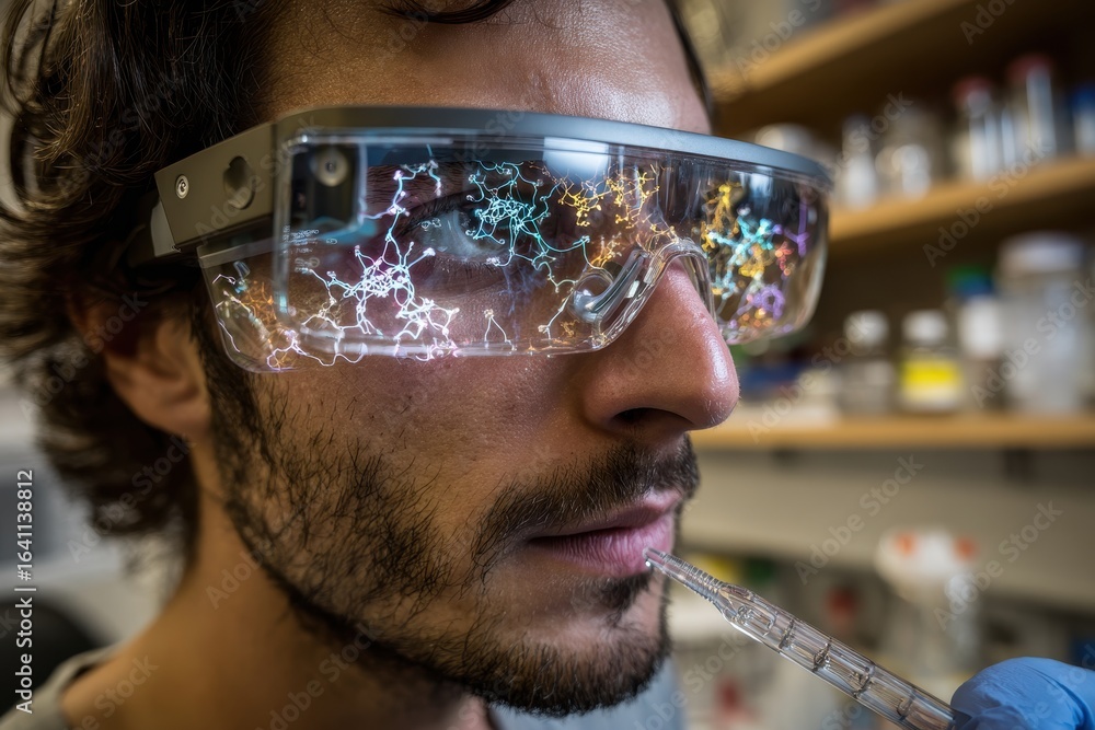Poster scientist with ar glasses showing data visualization in a futuristic lab.