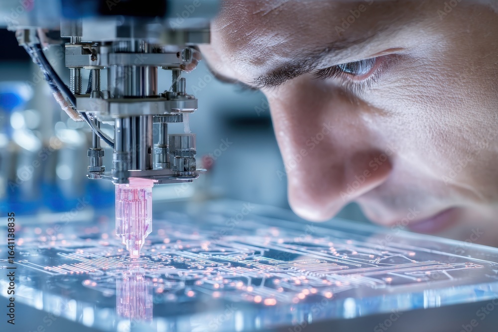 Poster a focused engineer observes intricate microchip manufacturing with precision robotics.