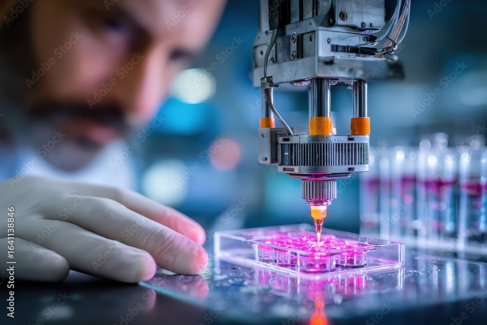 Aufkleber scientist overseeing automated liquid handling in a modern biotechnology laboratory.
