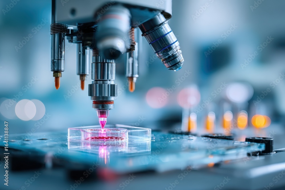 Aufkleber advanced scientific microscope with a laser focused on a sample in a lab.