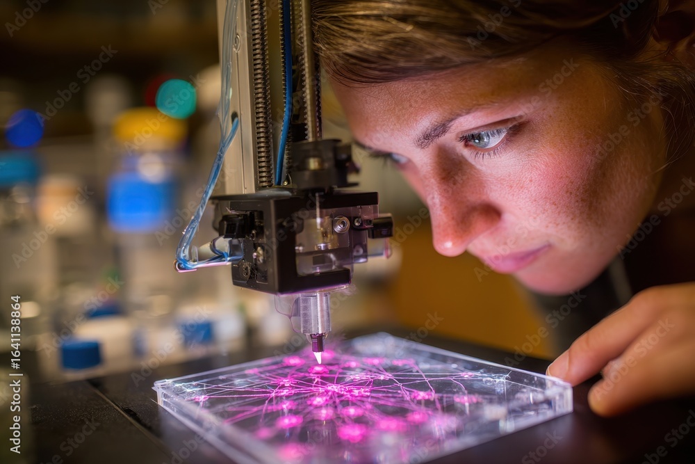 Aufkleber a focused scientist observing a high-precision robotic process on a glowing bio-chip.
