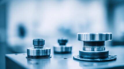 Several metallic objects in shades of blue, various types of nuts or threaded components for assembly, mechanical parts,