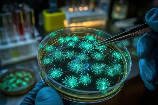 Gloved Hand with Tweezers Over Glowing Microbes in a Lab Petri Dish