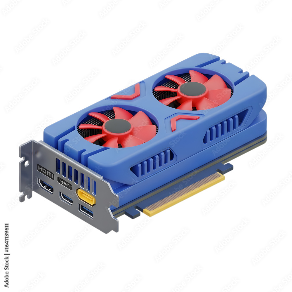 Poster 3d isometric view of a blue and red graphics card on transparent background