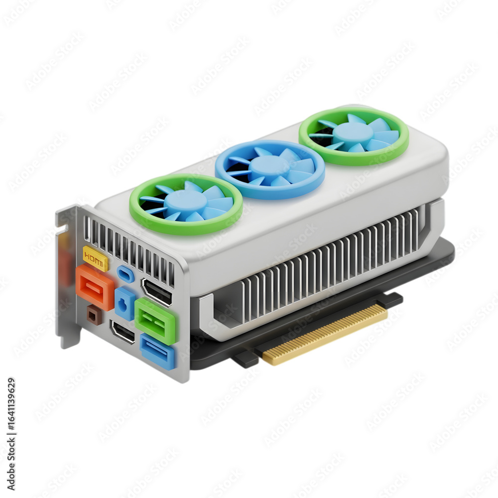 Poster 3d a graphic card with three colorful fans on it on transparent background